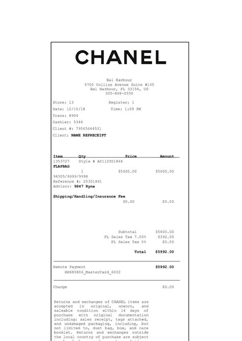 chanel receipt code